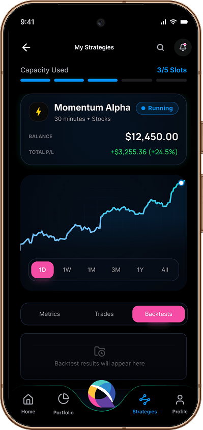 Home dashboard — balance, chart, active strategies