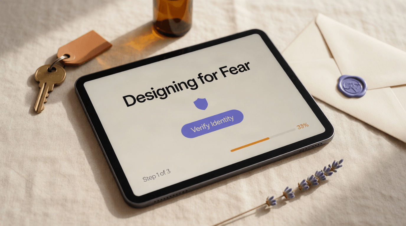 Tablet on warm linen showing a fintech KYC verification screen with a violet 'Verify Identity' button, shield icon, and 33% progress bar — surrounded by trust symbols.