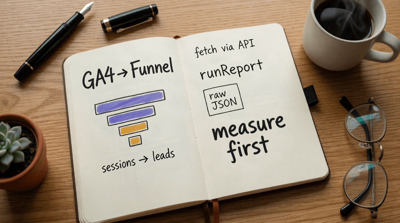 Open cream notebook on a light oak desk with hand-drawn GA4 funnel sketch, the 'runReport' API endpoint, 'raw JSON' notes, and 'measure first' motto.