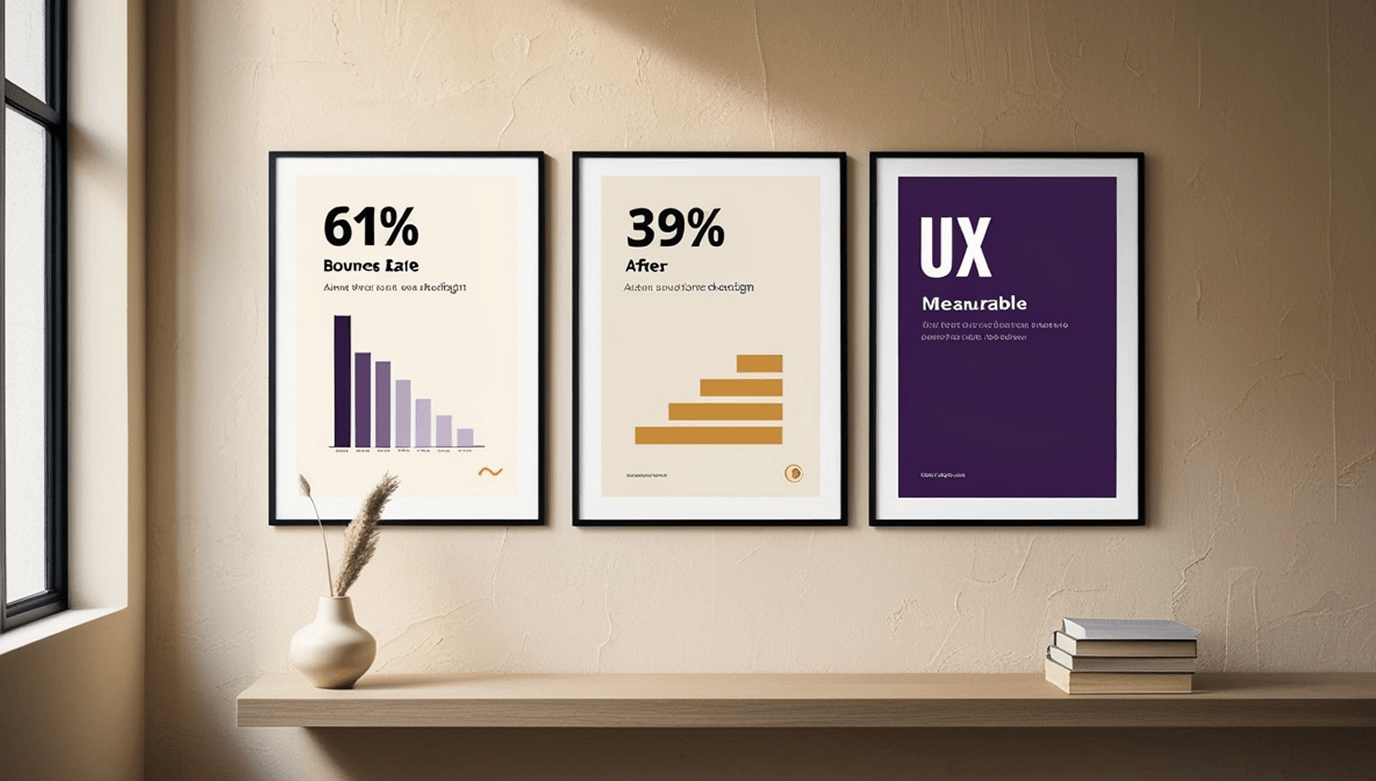 Measurable UX: From 61% to 39% Bounce Rate Three framed posters showing measurable UX metrics: 61% bounce rate, 39% after redesign, and a Measurable UX label.